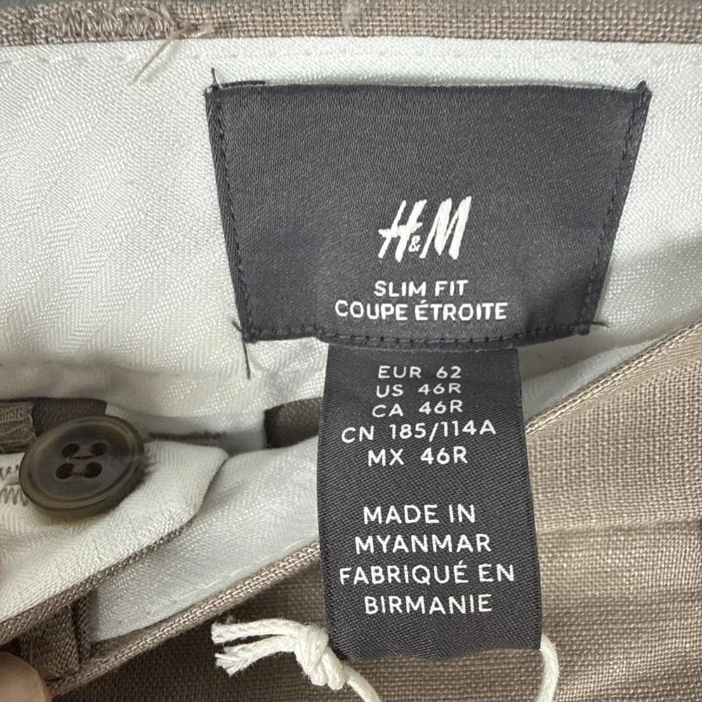H&M Linen Pants Mens 46x30 Slim Fit Cropped Taupe Summer Trousers Beach Resort